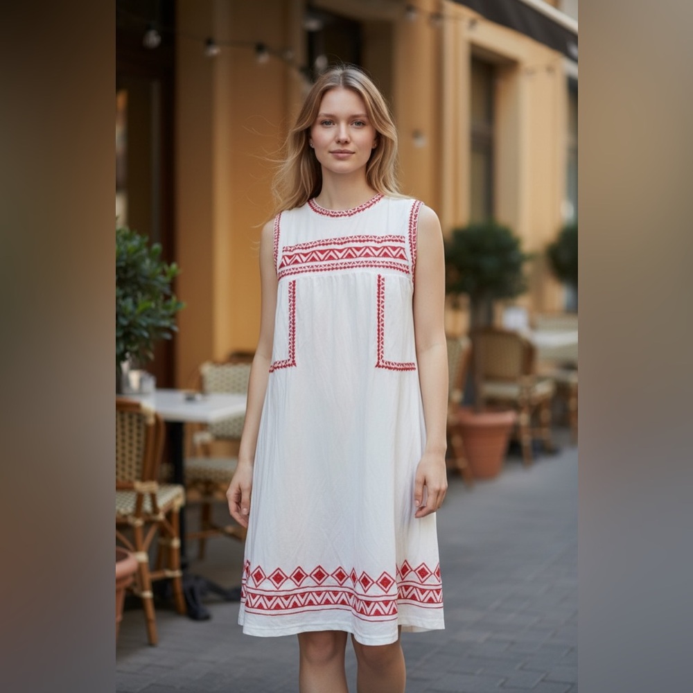 POL White Midi Dress with Red Embroidered Trim